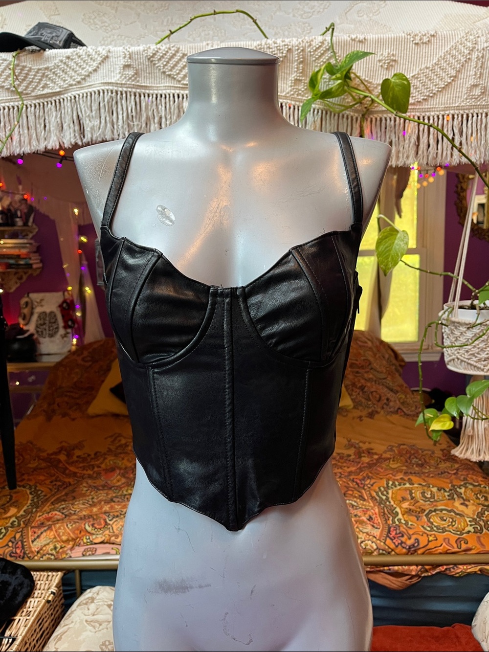 Dolls Kill Widow black faux leather bat batwing corset lace up back bustier top